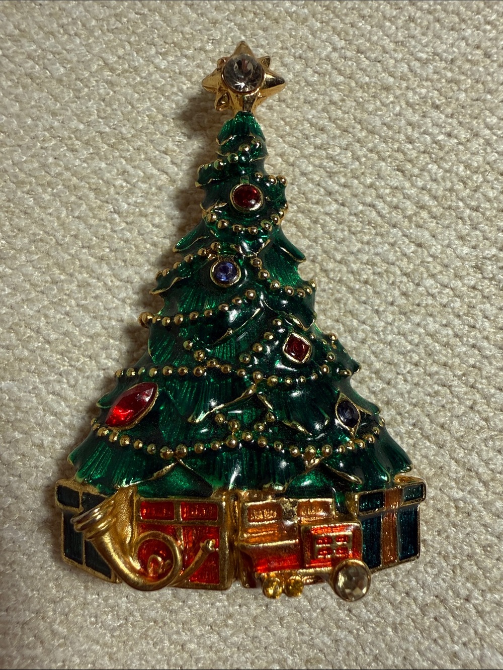 Christopher Radko Green Enamel Christmas Tree Brooch with Multicolor Gems